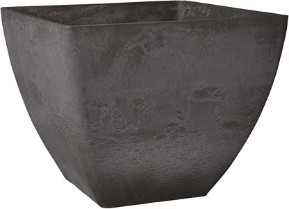 PSW Pot Collection 16x13 inch Plastic/Stone/Wood Composite Square Planter – No Drainage Hole (Drillable), Modern Indoor/Outer Pot for Flowers, Foliage, Succulents, Fairy Gardens, Dark Charcoal