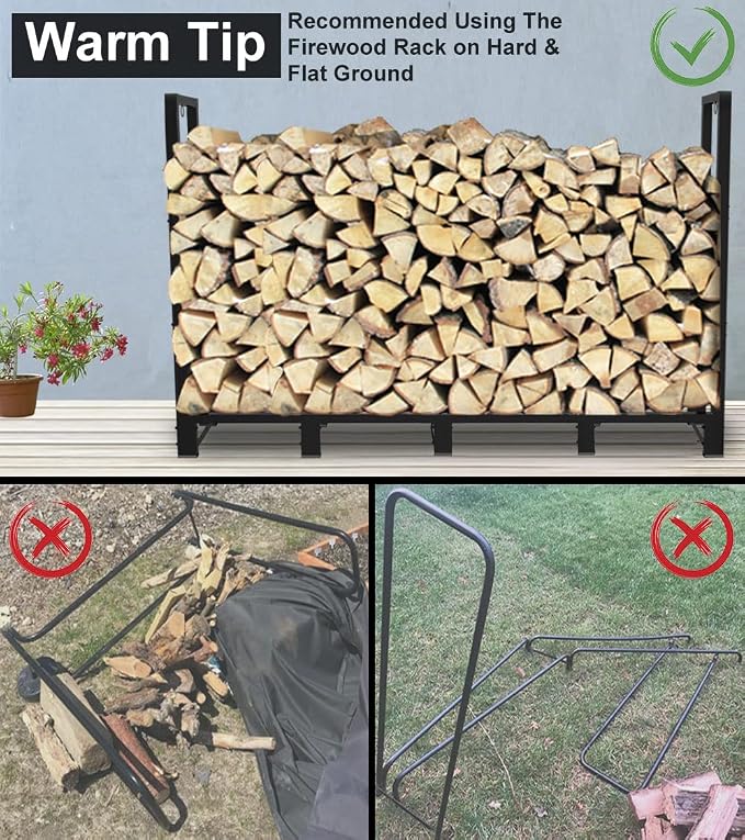 Koutemie 8Ft Outdoor Firewood Rack Holder for Fireplace Wood Storage, Adjustable Fire Log Stacker Stand, Black