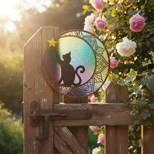 VEWOSTAR 11.8”Stained Glass Window Hanging Round Cat Sun Catchers with Star | Handmade Metal Frame Suncatcher for Window Stained Glass Panels for Wall Garden Decor
