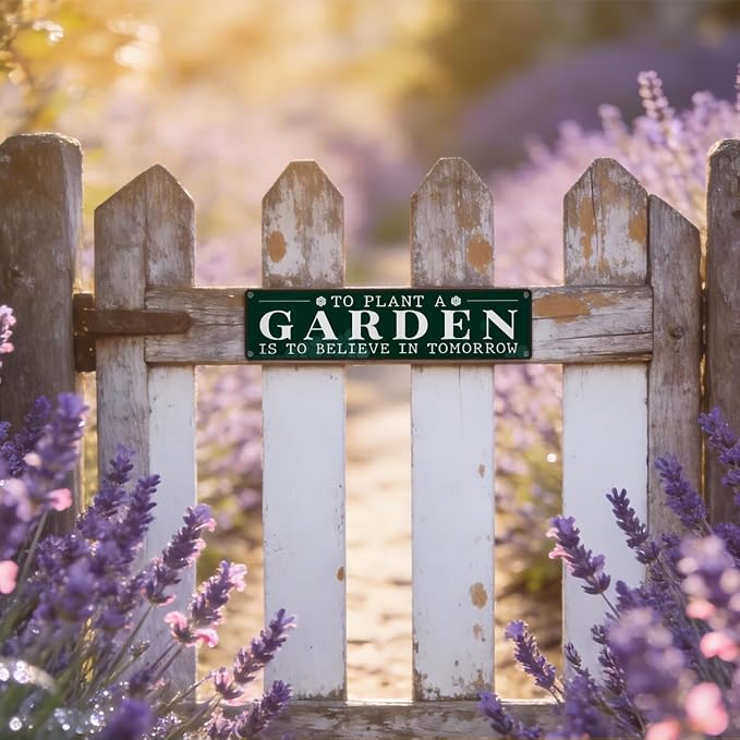 Garden Metal Tin Sign, To Plant a Garden Is to Believe in Tomorrow, Inspirational Vintage Rustic Outdoor Wall Decor, for Porch Yard Patio Fence, Gift for Gardening Lover, 15.7 x 3.9 Inches