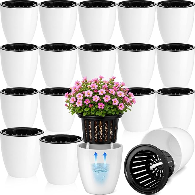 18 Pcs Self Watering Pots, 3.5 Inch Plastic Flower Plant Pot with Inner Pot Self Watering Wick Planter White Flower Pots for Indoor House Plants Herbs, Flowers, Succulents(White Black)