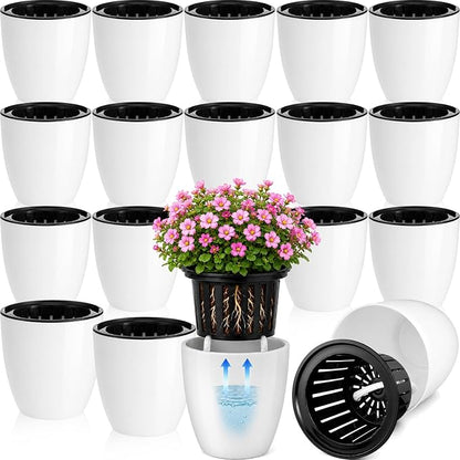 18 Pcs Self Watering Pots, 3.5 Inch Plastic Flower Plant Pot with Inner Pot Self Watering Wick Planter White Flower Pots for Indoor House Plants Herbs, Flowers, Succulents(White Black)