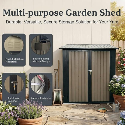 6x9 FT Outdoor Storage Shed with 2 Clear Openable Windows,Waterproof Metal Building Backyard Shed w/Windowsill & Garden Bed Flower Rack,Lockable Double Doors Tool Shed,for Yard,Brown