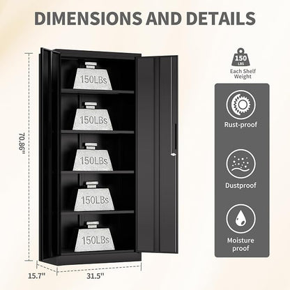 Metal Storage Cabinet with 2 Doors and 4 Shelves, 71" H Metal Cabinet with Lock, Steel Locking File Cabinet, Lockable Storage Cabinet, Tool Cabinet for Home, Office,Garage, School, Black