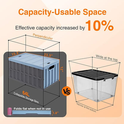 Citylife 64L Collapsible Storage Bins with Lids Plastic Storage Containers for Organizing Stackable Storage Box Large Heavy Duty Utility Crates, 2 Packs