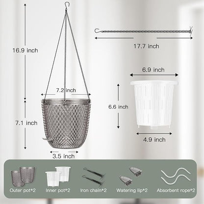QCQHDU Hanging Planters for Indoor Plants, 2-Pack, 7.2 Inch, Gray | Plastic, Self Watering Plant Hanger, with Drainage Holes, 3 Hooks Chains, For Garden Home