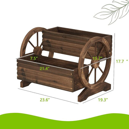 Wooden Wagon Planter with Wheels,Flower Pots, Carbonized, Large | Flower Cart Design, Outdoor Garden Use, Indoor & Backyard Compatible, Patio & Balcony Decor