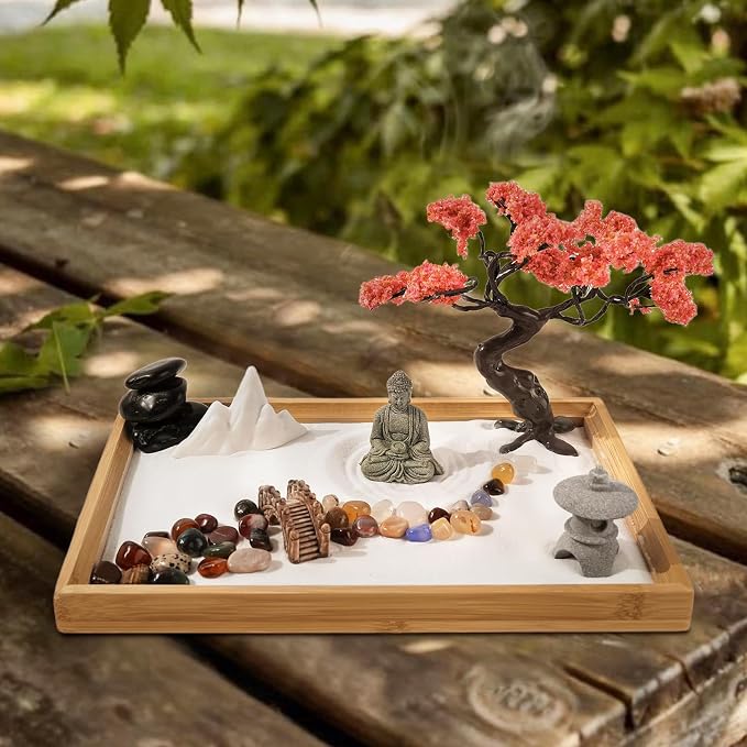 Mini Zen Garden for Desk Bodhi Tree and Buddha | Desktop Sand Tray Japanese Zen Garden Kit for Therapy Office Decor, Home Decor, Meditation Gifts