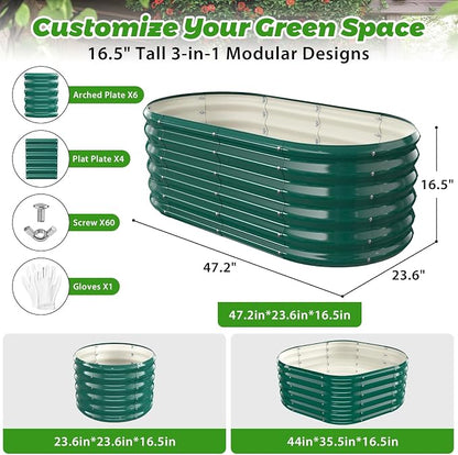17" Tall Oval-Shaped / Elliptic Metal Raised Garden Bed Outdoor Dark Green | 48X24X17 Inch,1.5 FT Tall,0.8MM Thick Galvanized Metal Painted,for Variety of Flowers,Herbs,Vegetables.with Gloves,Tool free