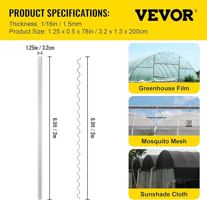 VEVOR Greenhouse Spring Wire and Lock Channel 30 Packs, 6.56 ft PE Coated Aluminum Alloy Bundle Kit, Plastic Poly Film or Shade Cloth Attachment w/Screws, Silver