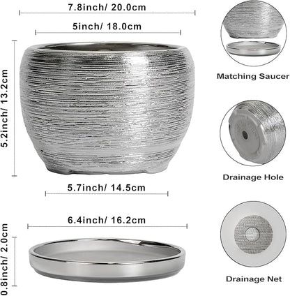 SQOWL Ceramic Pot for Plants - 8 Inch Planter with Drainage Hole and Saucer, Round Planter Indoor Outdoor, Modern Decorative Flower Pot, House Decor, Gifts for Plant Lovers, Silver