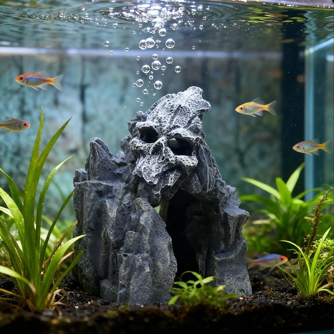 Fish Tank Decorations, Large Aquarium Decor Accessories with Skull Rock Mountain Cave, Bearded Dragon Hideout, Reptile & Amphibian Habitat Hideouts (Dark Gray Mountain)