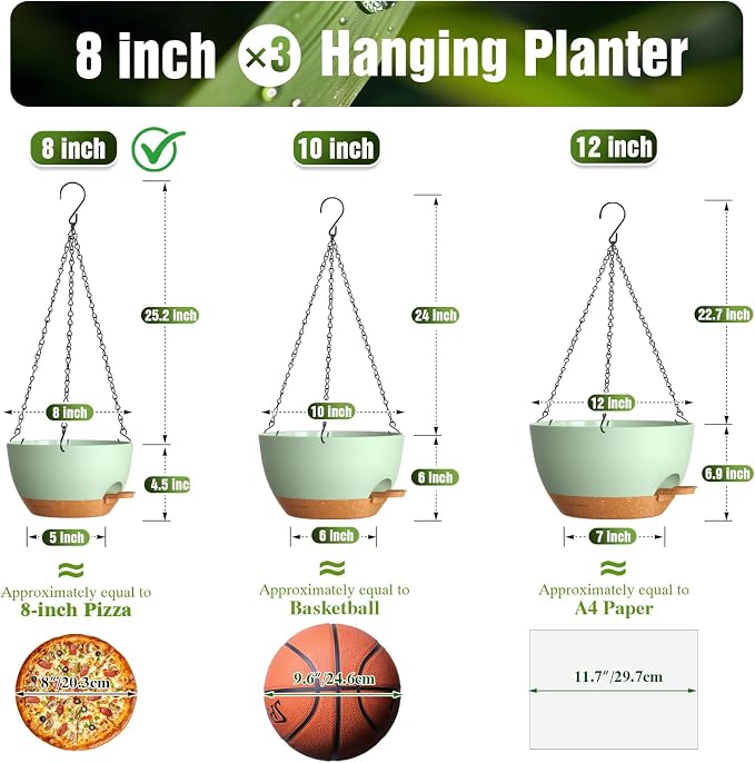 8 Inch Self Watering Hanging Planters Set of 3 with Saucers | Set of 3 8-inch self-watering hanging planters with side-fill watering ports, chain hangers & snap-on saucers