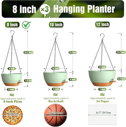 8 Inch Self Watering Hanging Planters Set of 3 with Saucers | Set of 3 8-inch self-watering hanging planters with side-fill watering ports, chain hangers & snap-on saucers