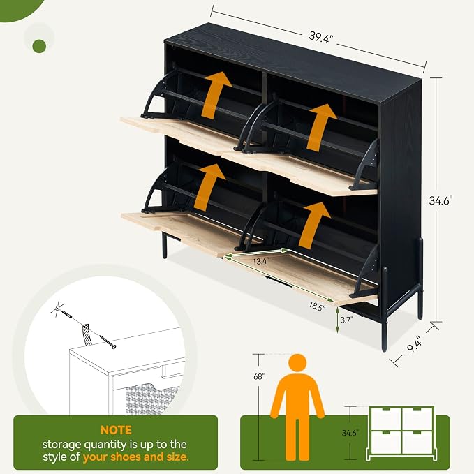 coucheta 4 Flip Drawers Shoe Storage Cabinet, Rattan Shoe Organizer with Metal Legs, Freestanding Narrow Shoe Rack Cabinet for Entryway, Black