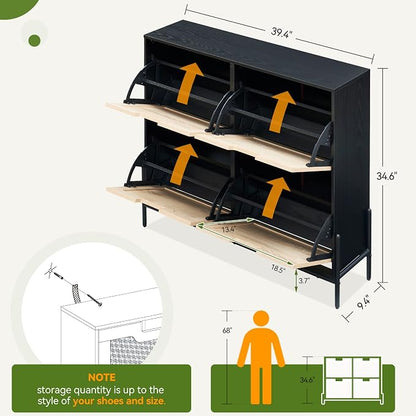 coucheta 4 Flip Drawers Shoe Storage Cabinet, Rattan Shoe Organizer with Metal Legs, Freestanding Narrow Shoe Rack Cabinet for Entryway, Black