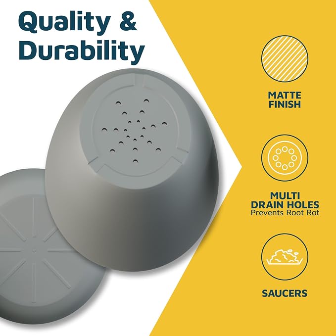 Gray Plant Pots with Drainage Holes & Saucers 15 Pack, Indoor & Outdoor Stackable Space-Saving Planters for Houseplants & Flowers, (7", 6.7", 6", 5.3", and 4.8" Inches), Durable & Weatherproof