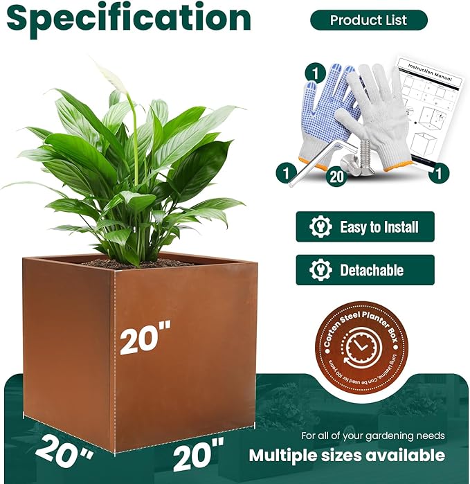 Corten Steel Planter Box Outdoor Planter Metal Square 20 Inch Large Steel Planter Box Rustic Cube Patina Tall Plant for Commercial Residential Plants Patio Yard Garden