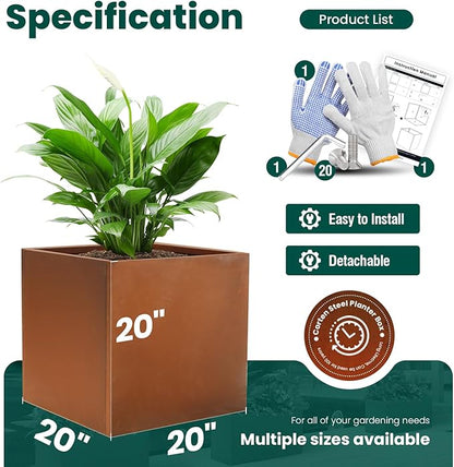 Corten Steel Planter Box Outdoor Planter Metal Square 20 Inch Large Steel Planter Box Rustic Cube Patina Tall Plant for Commercial Residential Plants Patio Yard Garden