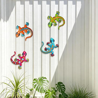 Metal Gecko Wall Art Decor- Outdoor Lizards Hanging Decoration for Garden Yard Fence Patio Balcony(4 Pack)