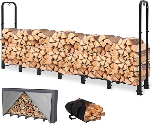 8FT Firewood Rack Outdoor with Cover, Heavy Duty Wood Holder with Log Carrier, Adjustable & Waterproof Log Holder Wood Storage Stand for Fireplace Patio Outdoor, Black