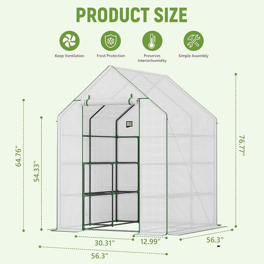 Greenhouse for Outdoors, Portable Green House, Walk in Greenhouses with Durable PE Cover, 57 x 57 x 76 inch Greenhouse with Shelves Stands,White