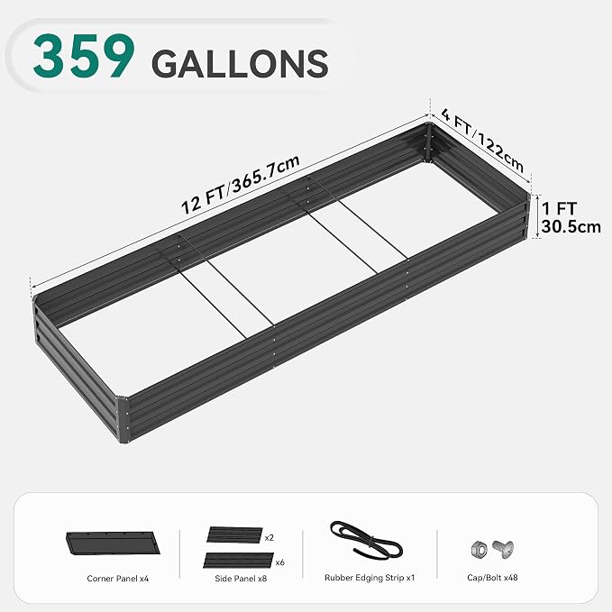 YITAHOME 144x48x12 in Galvanized Raised Garden Bed Kit, Large Metal Planter Box with Gloves, Safety Rubber & Support Rod, Outdoor Flower Bed for Plants Vegetables, Black