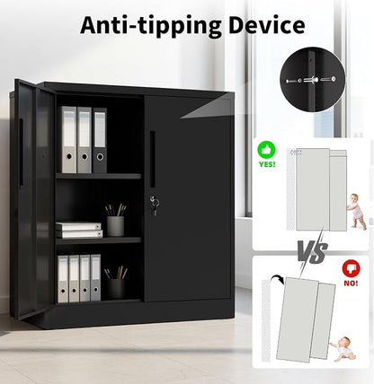 36"H Storage Cabinet with Doors and Shelves, Metal Cabinet with Lock, Steel Locking File Cabinet, Lockable Storage Cabinet, Garage Cabinet, Tool Cabinet for Home, Office,Garage, School, Black
