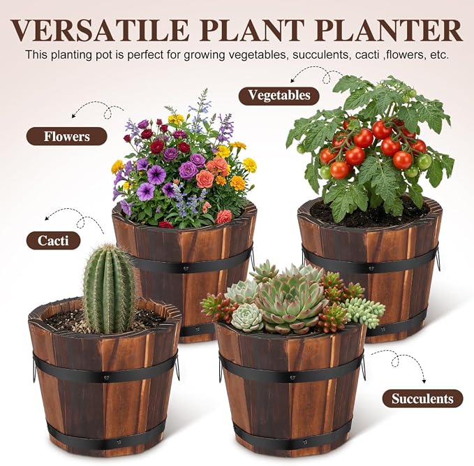 BESPORTBLE Rustic Wooden Barrel Planters: 4pcs Whiskey Barrel Bucket Flower Pots, Plants Boxes Container with Handles for Garden Outdoor Indoor Decor