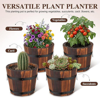 BESPORTBLE Rustic Wooden Barrel Planters: 4pcs Whiskey Barrel Bucket Flower Pots, Plants Boxes Container with Handles for Garden Outdoor Indoor Decor
