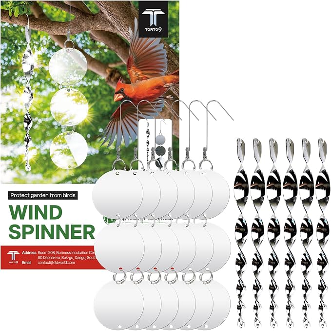 T TORTO9 Double-Sided Bird Reflectors Kit (12-Piece Set) – 6 Hanging Units (Each with 3 Reflective 3.9” Discs) + 6 Bird Scare Rods Designed to Discourage Bird Activity