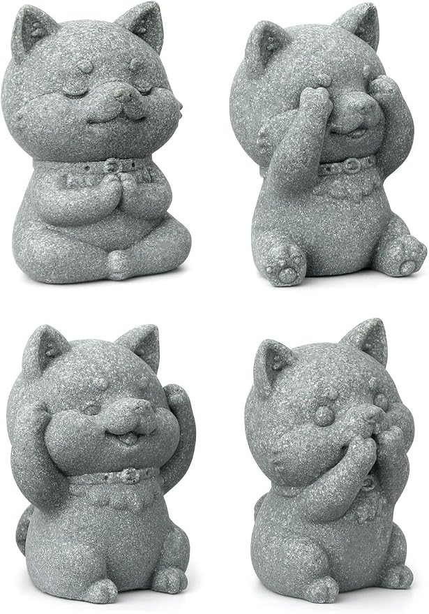 4 Piece Cute Dog Figurine Set, Sandstone See no Evil,Hear no Evil,Speak no Evil,Do no Evil Statues, Zen Garden/Desk Decor
