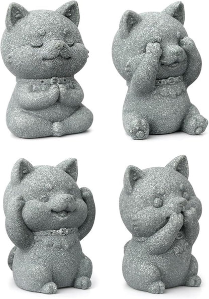 4 Piece Cute Dog Figurine Set, Sandstone See no Evil,Hear no Evil,Speak no Evil,Do no Evil Statues, Zen Garden/Desk Decor