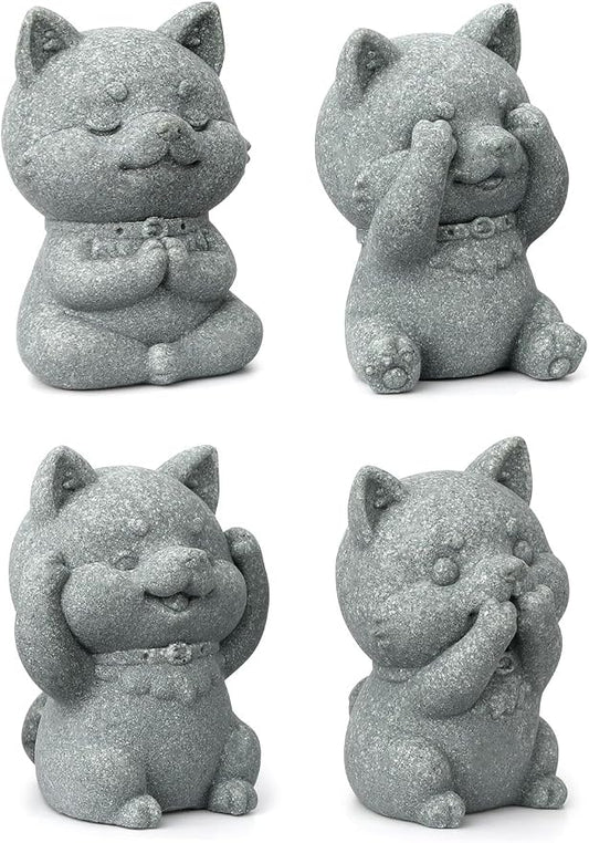 4 Piece Cute Dog Figurine Set, Sandstone See no Evil,Hear no Evil,Speak no Evil,Do no Evil Statues, Zen Garden/Desk Decor