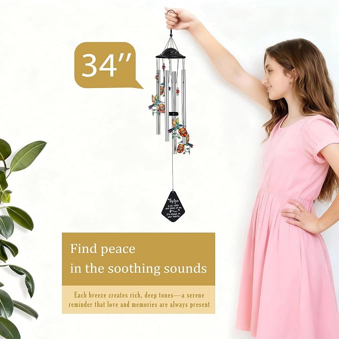 YU FENG Hummingbird Memorial Wind Chime, Yellow Flower Suncatcher Decor | 34 Inch Metal Wind Chime, Crystal Prism Accent, Sympathy Gift For Mom Grandma, Outdoor Garden Patio Decor