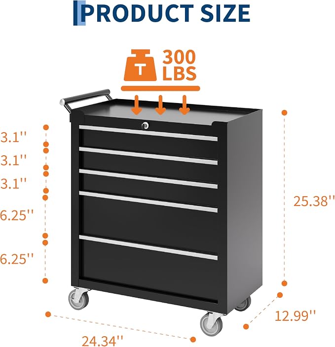 Rolling Tool Chest, 5 Drawers Tool Storage Cabinet with Wheels, Portable Tool Cabinet Organizer with Locking System & Drawer Liners,Universal Lockable Wheels, Tool Storage Cart for Garage, Workshop