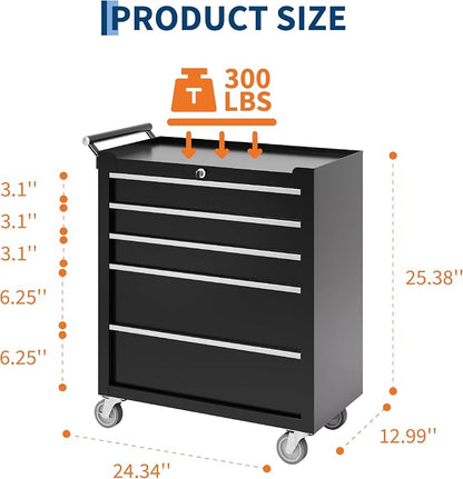 Rolling Tool Chest, 5 Drawers Tool Storage Cabinet with Wheels, Portable Tool Cabinet Organizer with Locking System & Drawer Liners,Universal Lockable Wheels, Tool Storage Cart for Garage, Workshop