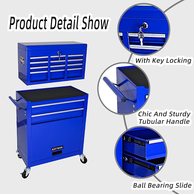 8-Drawer Tool Chest, Detachable Top Box for Garage,Blue | Rolling Mobile Storage Cabinet Organizer with Lockable Wheels for Workshop Utility, Heavy Duty Metal Construction