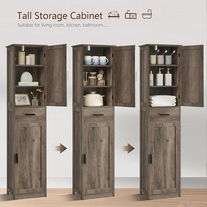 usikey 67'' Tall Storage Cabinet, Narrow Bathroom Floor Storage Cabinet with 4 Shelves & 2 Doors, for Bathroom, Living Room, Rustic Gray