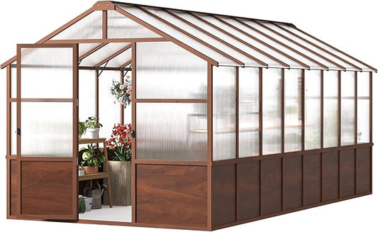 Jocoevol 8x16ft Outdoor Greenhouse, Wooden Frame Polycarbonate Greenhouse with Adjustable Roof Vents and Lockable Door Handle, Walk-in Greenhouse Perfect for Backyard and Garden