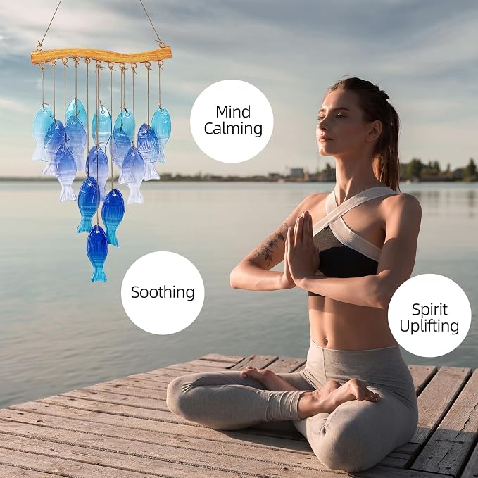 Wind Chimes Blue Glass Sea, Garden Wind Chime for Home, Beach Party, Festival Decor, Glass Garden Patio Yard Porch Decoration Indoor/Outside, Lifelike Fish Style