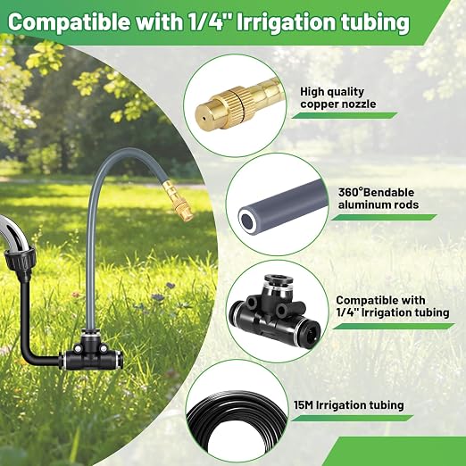 49.2Ft 1/4" Drip Irrigation System 360° Bendable Watering Misting System,Garden Watering Atomizing System with 12 Nozzles, Specially for 1/4 inch Irrigation Tubing(Include 49.2Ft 1/4" Tubing)