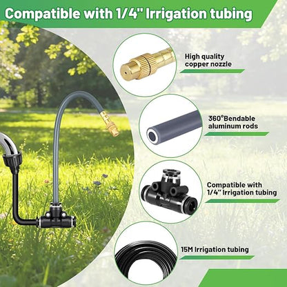 49.2Ft 1/4" Drip Irrigation System 360° Bendable Watering Misting System,Garden Watering Atomizing System with 12 Nozzles, Specially for 1/4 inch Irrigation Tubing(Include 49.2Ft 1/4" Tubing)