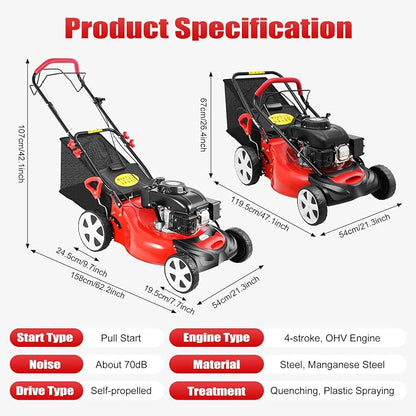 20-Inch Self-Propelled Gas Push Lawn Mower, 140cc 4-Stroke Engine 2800rpm Walk-Behind Gas Lawn Mower with Bagger 8-Position Lever Height Adjustment for Garden and Yard