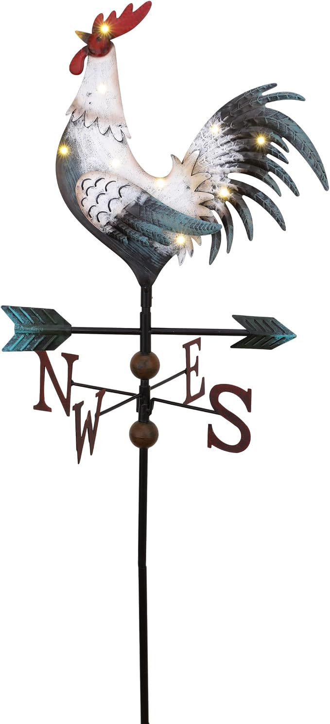 TERESA'S COLLECTIONS Garden Decor with Solar Outdoor Lights, White Rooster Yard Art Sign for Outside, 34'' Metal Weathervane Decorative Garden Stake for Outdoor Decor, Lawn, Gifts for Mom