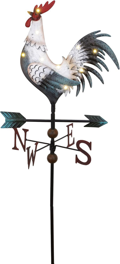 TERESA'S COLLECTIONS Garden Decor with Solar Outdoor Lights, White Rooster Yard Art Sign for Outside, 34'' Metal Weathervane Decorative Garden Stake for Outdoor Decor, Lawn, Gifts for Mom