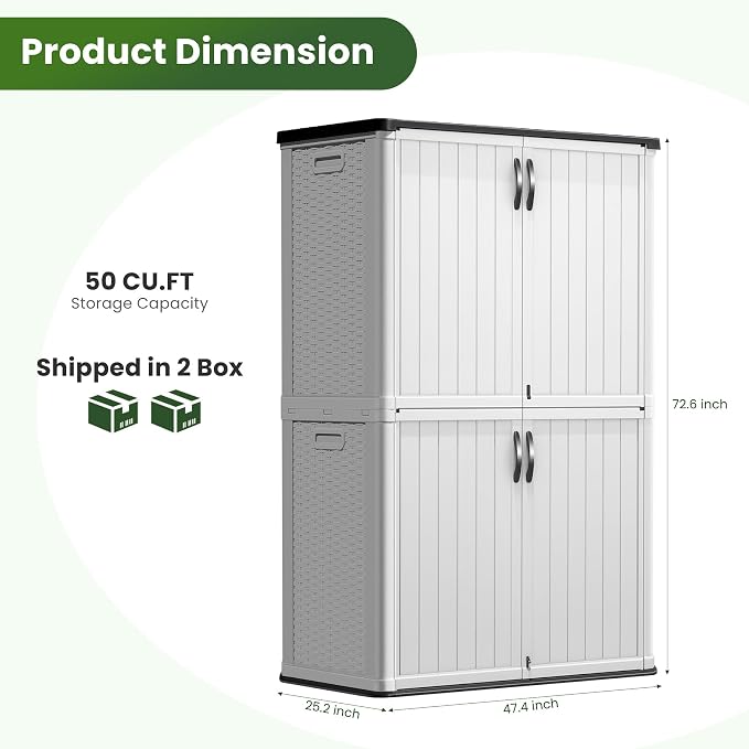 Greesum Outdoor Storage Cabinet Without Shelves, 50 cu.ft Outdoor Waterproof Storage Shed for Garden Tools, Garbage Cans, Pool Storage, White