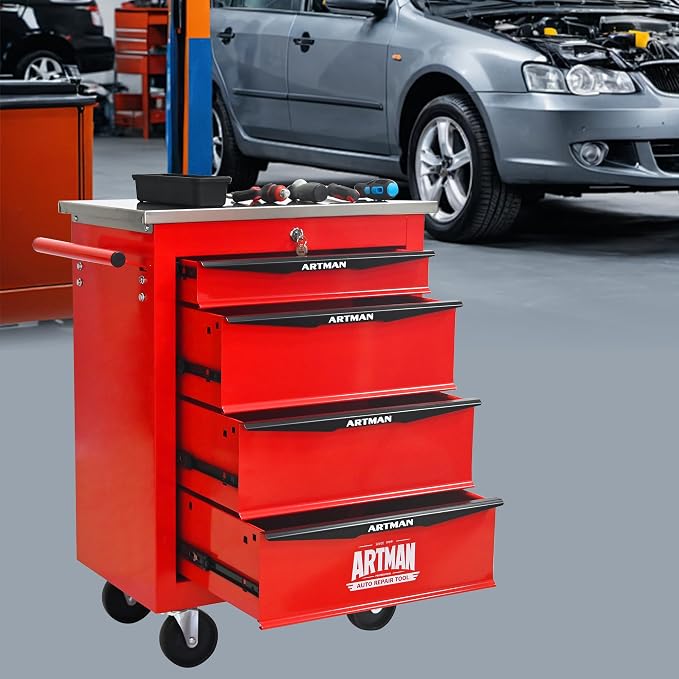 KEIKI 4 Drawers Tool Cart on Wheels,Multifunctional Rolling Tool Chest Tool Storage,Drawers Rolling Tool Trolley Organizer Tool Case for Garage, Warehouse, Workshop, Repair Shop (Red)