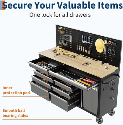 60 Inch Rolling Tool Chest Workbench, 10 Drawer Tool Box with Pegboard & Lock, Mobile Garage Tool Cabinet with Charging Station, Heavy Duty Workbench for Workshop, Gray