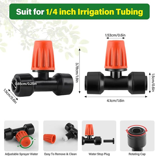 Kalolary 30Pcs Push-to-Fit Drip Irrigation Spray Emitters for 1/4" Tubing,Three-Way Adjustable Atomizing Nozzle Micro Irrigation Dripper Sprinklers with 6PCS End Plugs for Irrigation System(Orange)